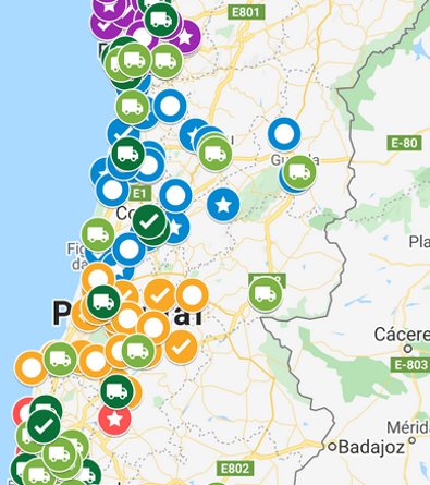 Carte détaillée du Portugal présentée par le Kaizen Institute Western Europe, indiquant les différents points de distribution et les emplacements des clients, montrant l'efficacité des outils numériques dans la transformation organisationnelle.