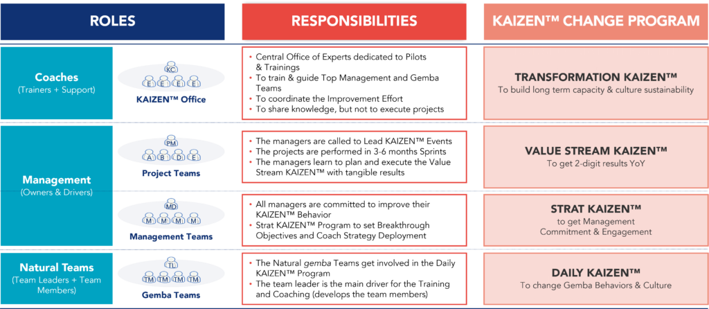 Visual representation of the roles at various organizational levels, their responsibilities, and programs in implementing a Continuous Improvement Culture.