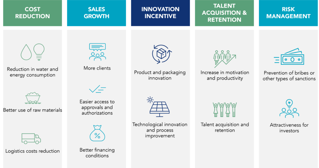 Table of the 5 Reasons for a Sustainability Strategy (Cost Reduction; Sales Growth; Innovation Stimulation; Talent Attraction and Retention; Risk Reduction) and the benefits of each.