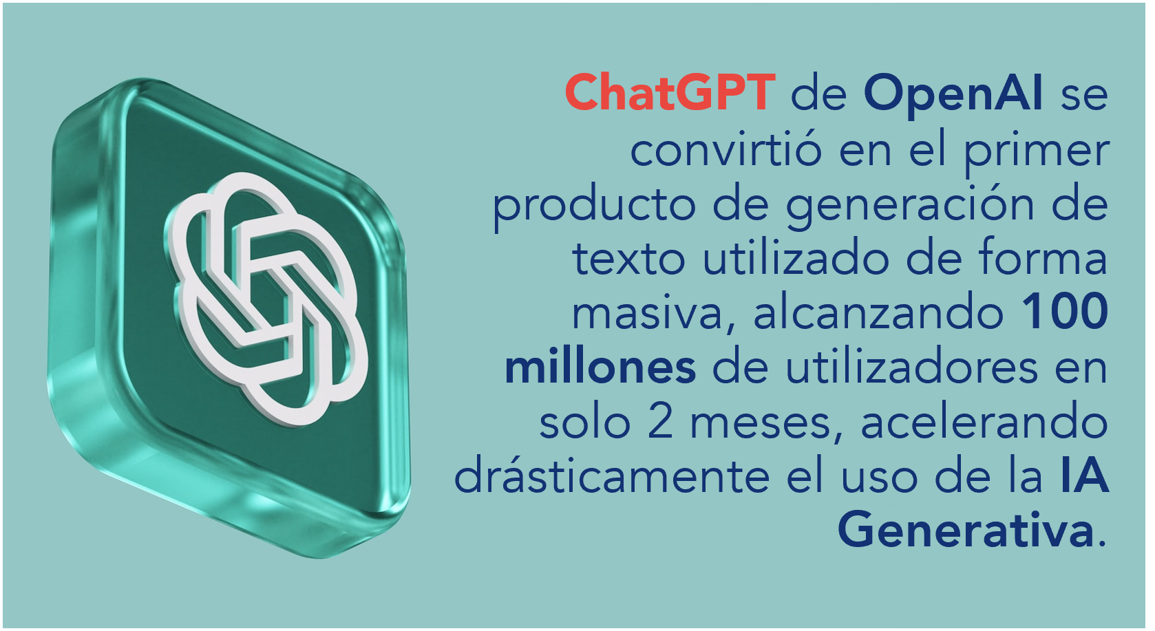 ChatGPT de OpenAI se convirtió en el primer producto de generación de texto utilizado de forma masiva, alcanzando 100 millones de utilizadores en solo 2 meses, acelerando drásticamente el uso de la IA Generativa.