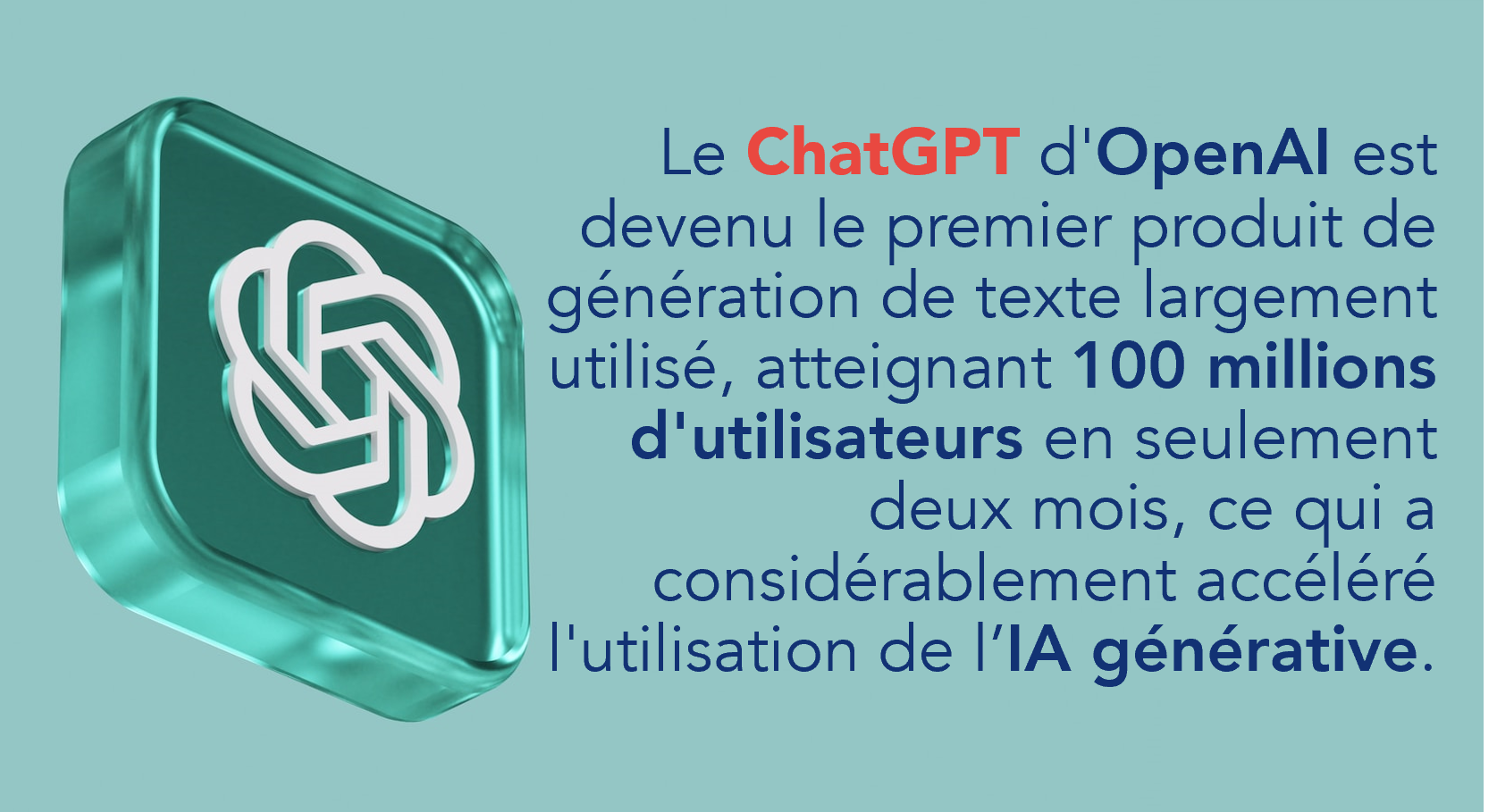 Le ChatGPT d'OpenAI est devenu le premier produit de génération de texte largement utilisé, atteignant 100 millions d'utilisateurs en seulement deux mois, ce qui a considérablement accéléré l'utilisation de l'IA générative.
