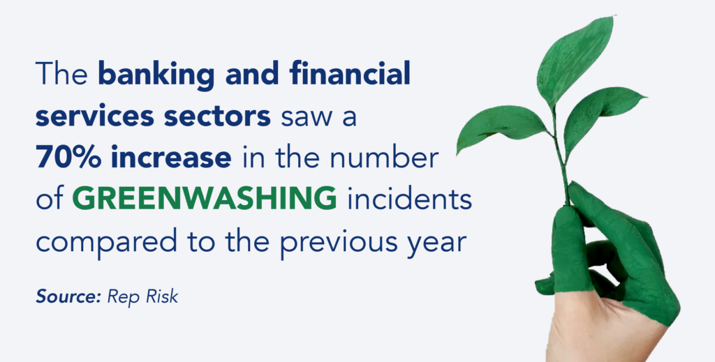 Text highlighting that the banking and services sectors have seen a 70% increase in the number of greewashing incidents.