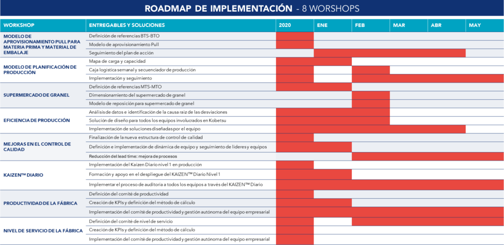 Roadmap de la implementación, con los 8 workshops delineados. 