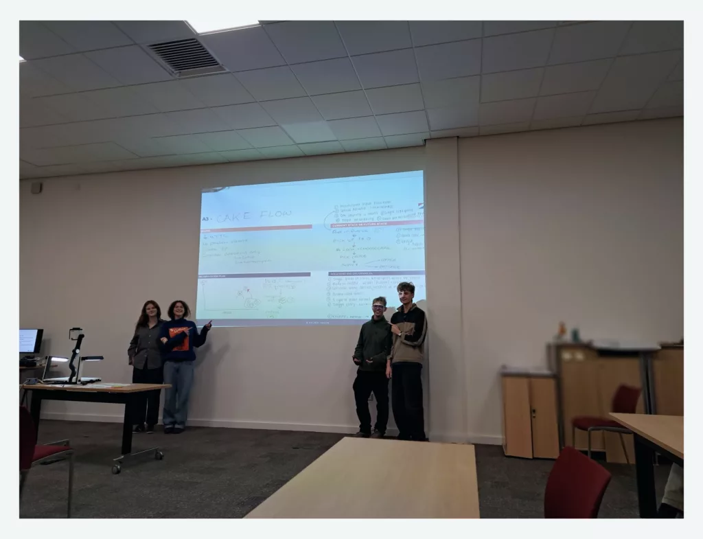 A student team presenting their A3 analysis on improving queue flow at the weekly ‘Buns Talk’ event