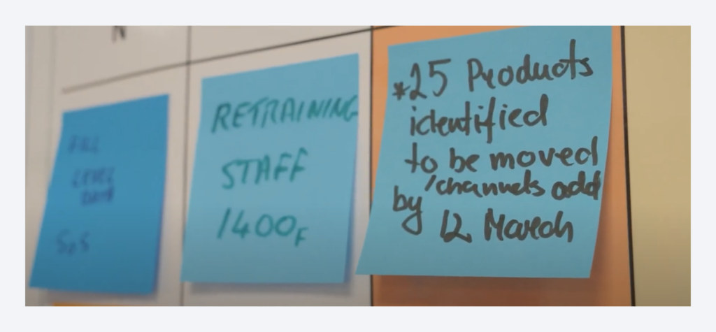 Post-it notes displaying improvement actions during a VSA workshop