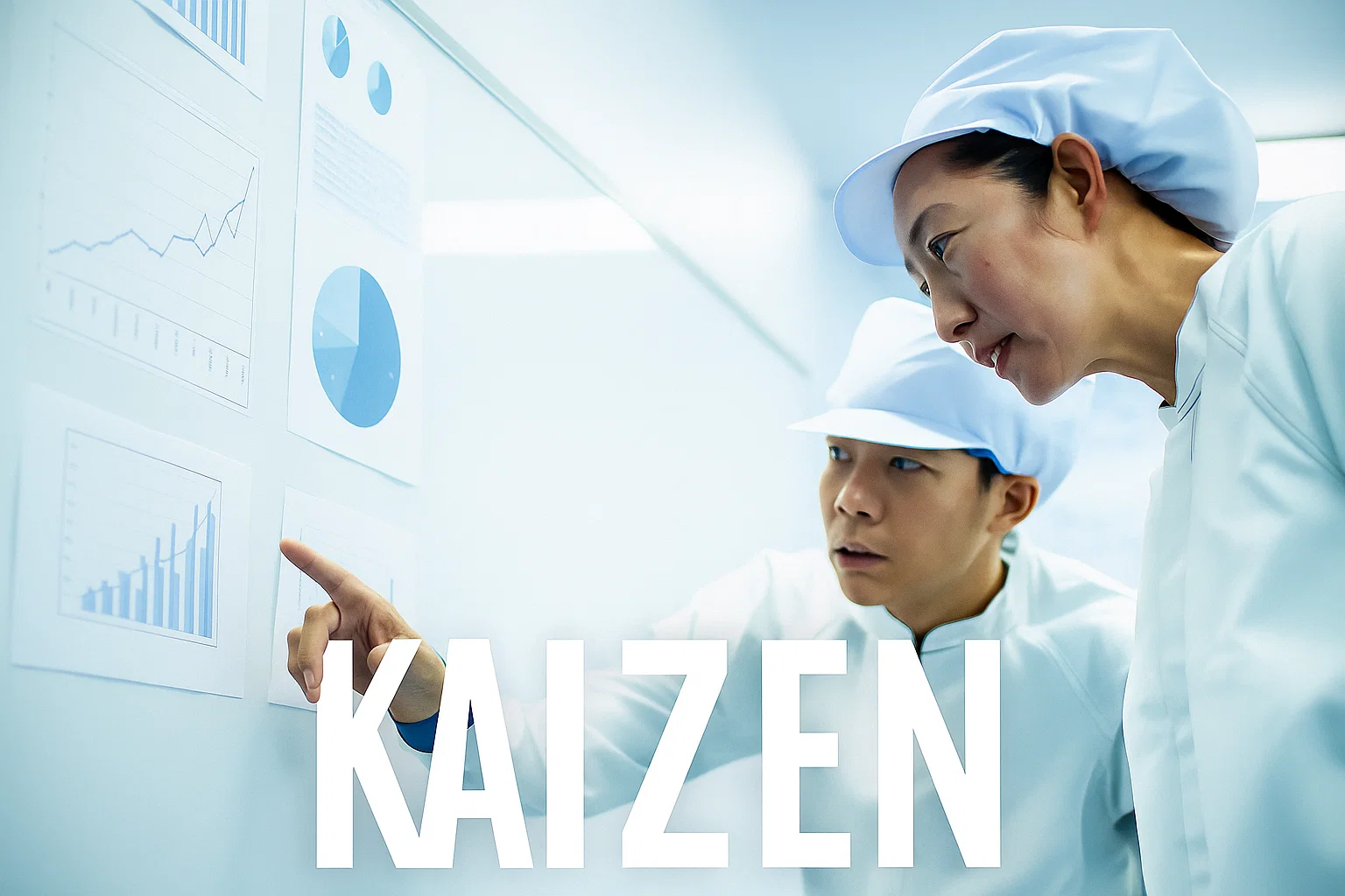 Kaksi työntekijää analysoi prosessikaavioita työtilassa.