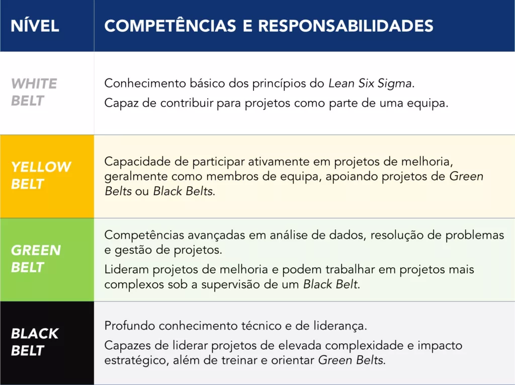Tabela relativa aos n&iacute;veis de certifica&ccedil;&atilde;o Lean Six Sigma