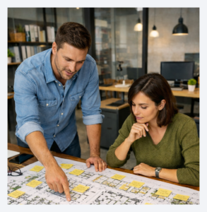 Two team members reviewing a large printed restaurant layout 