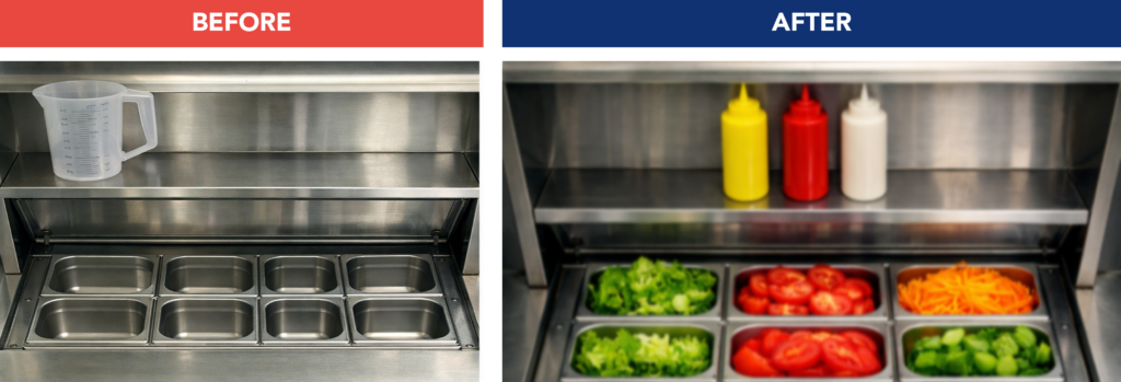 Side-by-side images of a kitchen workstation before and after redesign 