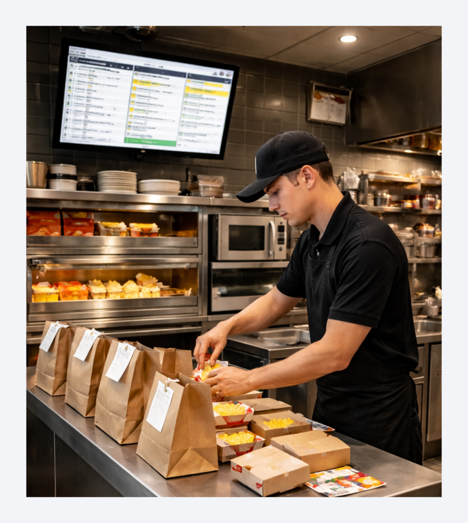 Team member preparing takeaway orders at a packing station with organized product placement 