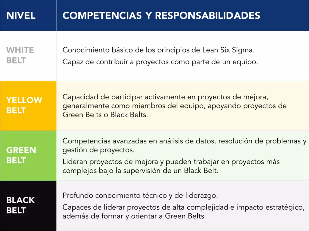 Tabla relativa a los niveles de certificaci&oacute;n Lean Six Sigma