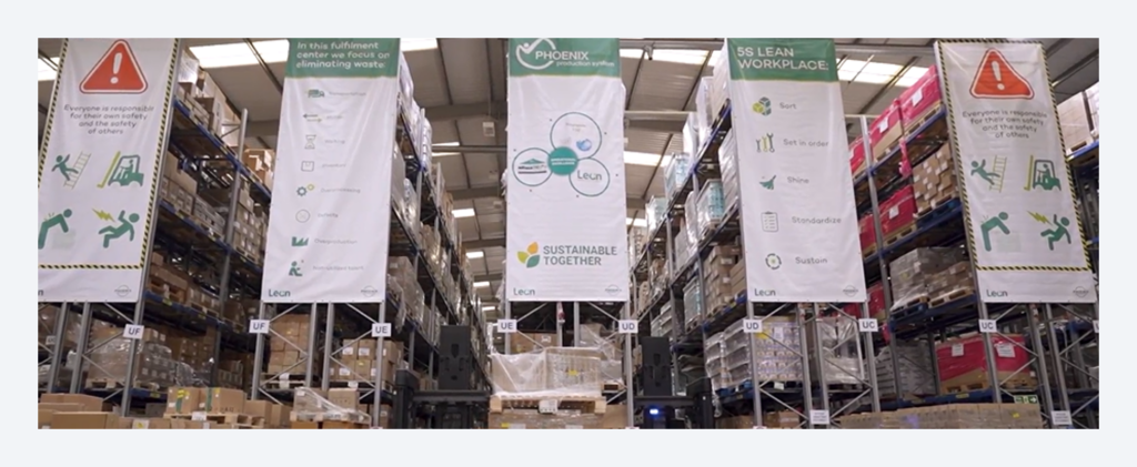 Warehouse aisles with Lean and 5S visual management banners 